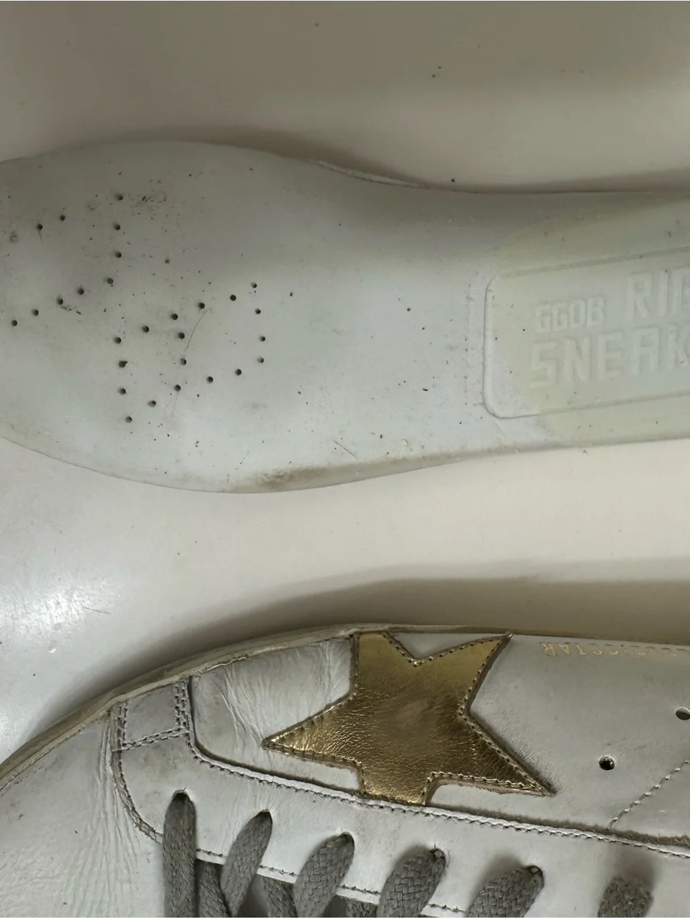 Golden Goose White Leather Low-Top Sneakers with Gold Star and Gray Laces